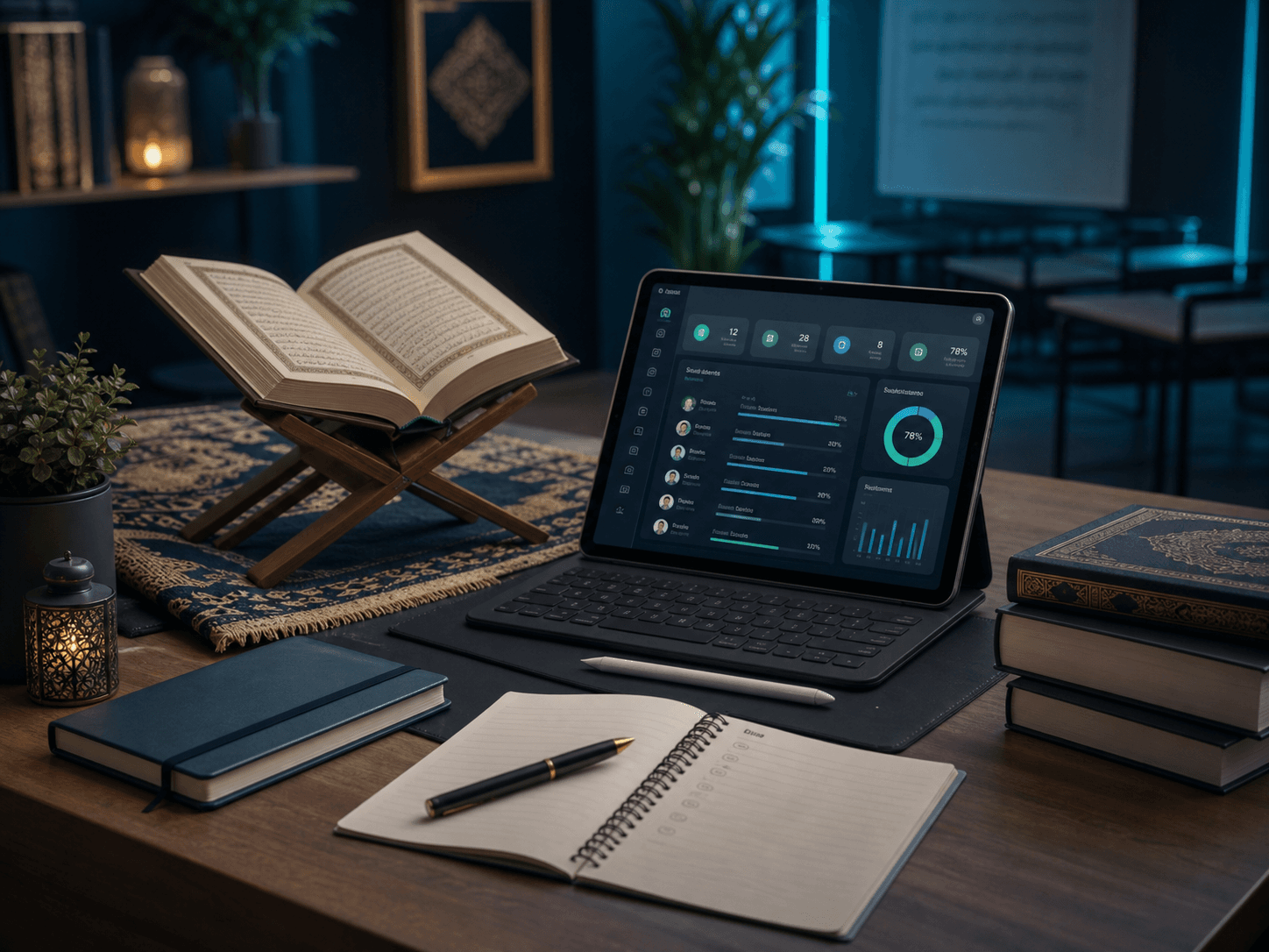 A calm Quran class planning desk with a tablet and study notes